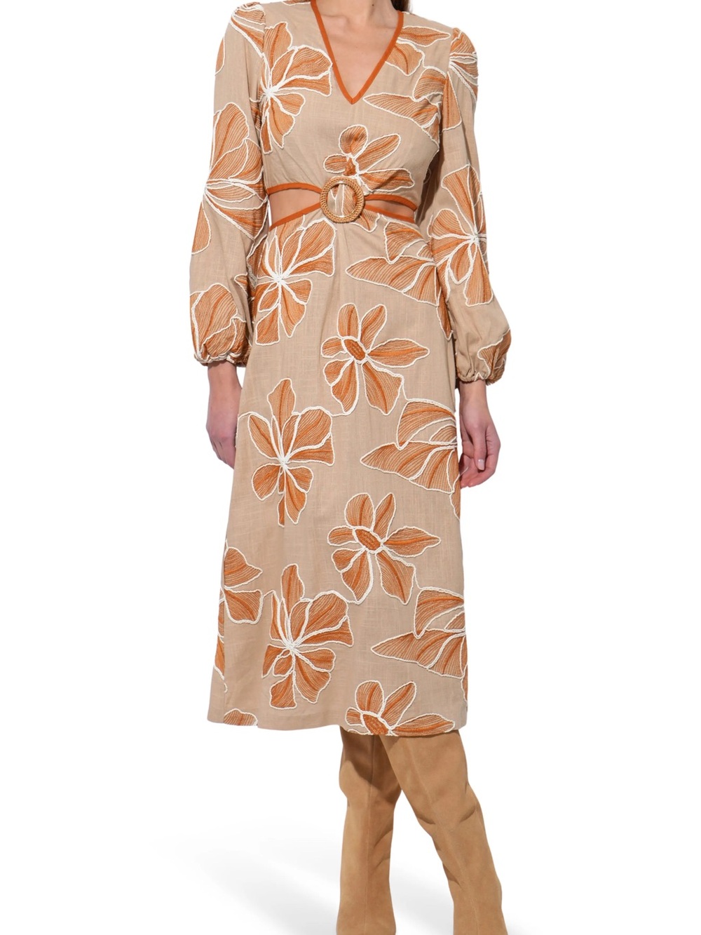 Beige and Orange Floral V-Neck Midi Dress with Belt XL 14/16 NWOT